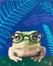 Frosk med briller. Barnlig bakgrunn med tegninger av planter. thumbnail