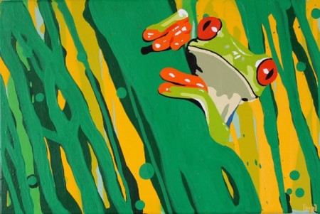 Little red eyed tree frog hiding