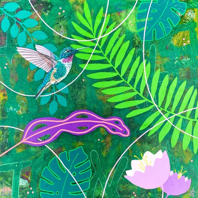 Urban jungel med en colibri. Neon elementer.