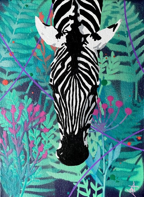 You keep me calm er et maleri av en zebra mot en floral bakgrunn